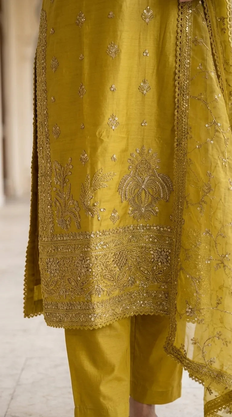 3 PC Embellished Cotton Stitched Suit PF612406