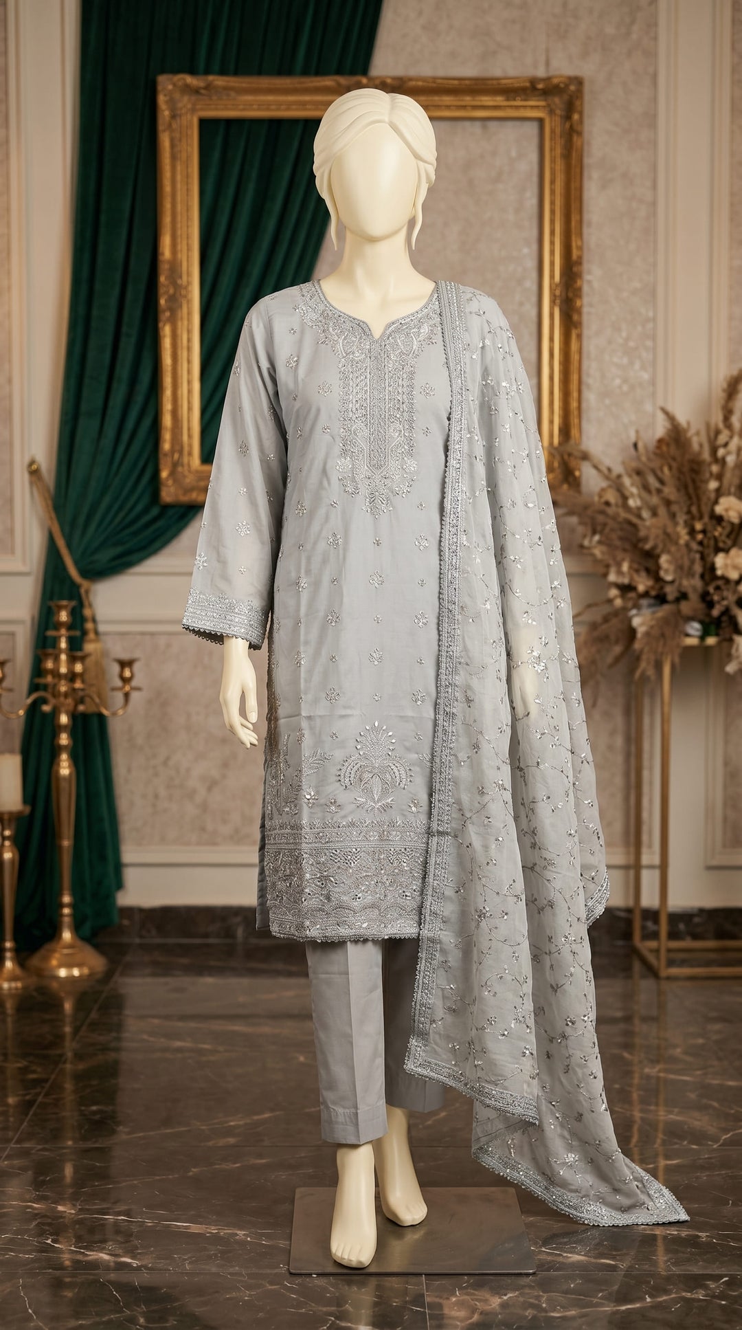 3 PC Embellished Cotton Suit PF612407