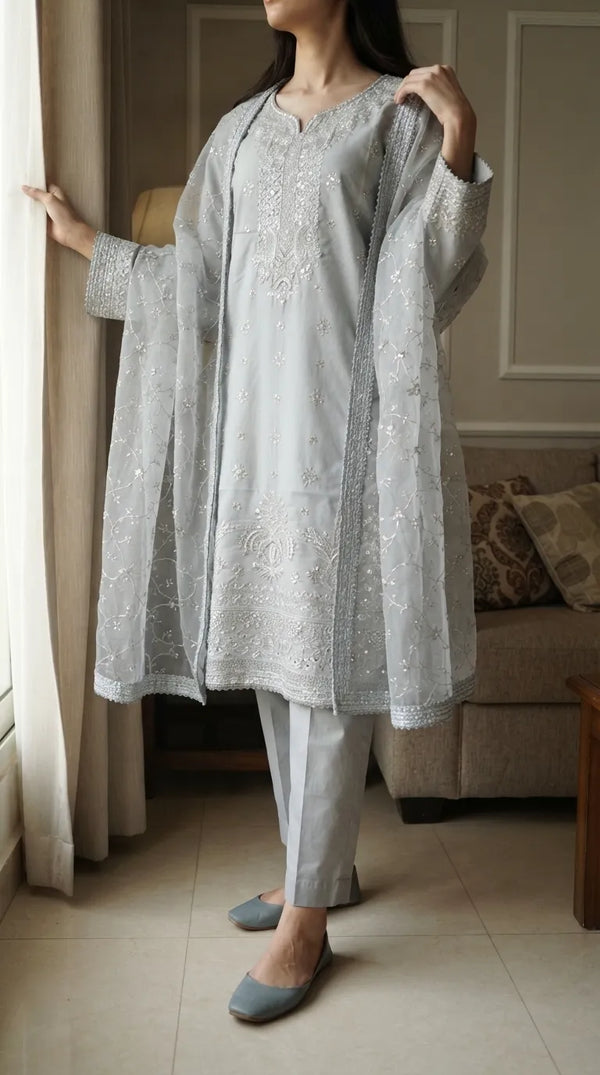 3 PC Embellished Cotton Stitched Suit PF612407