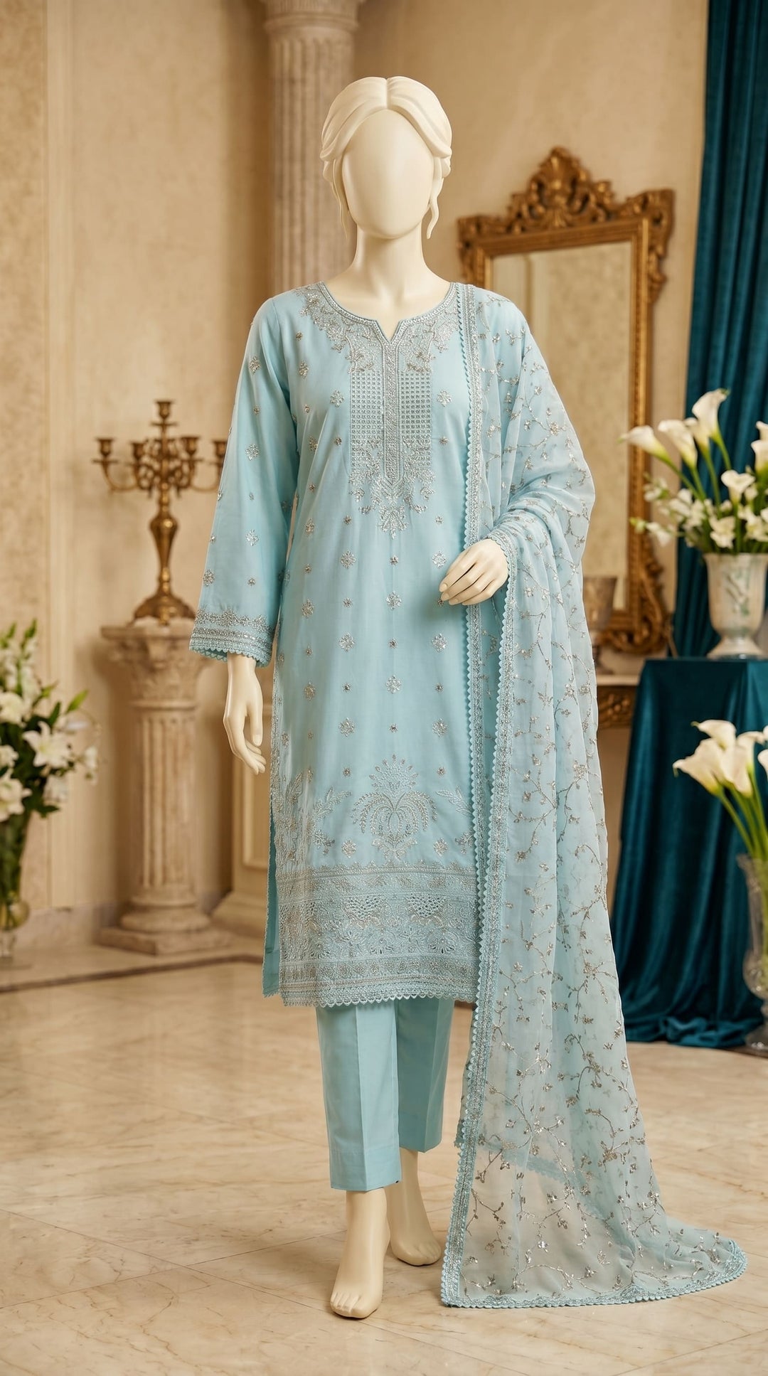 3 PC Embellished Cotton Suit PF612490