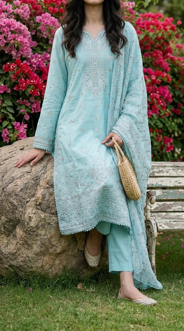 3 PC Embellished Cotton Stitched Suit PF612490