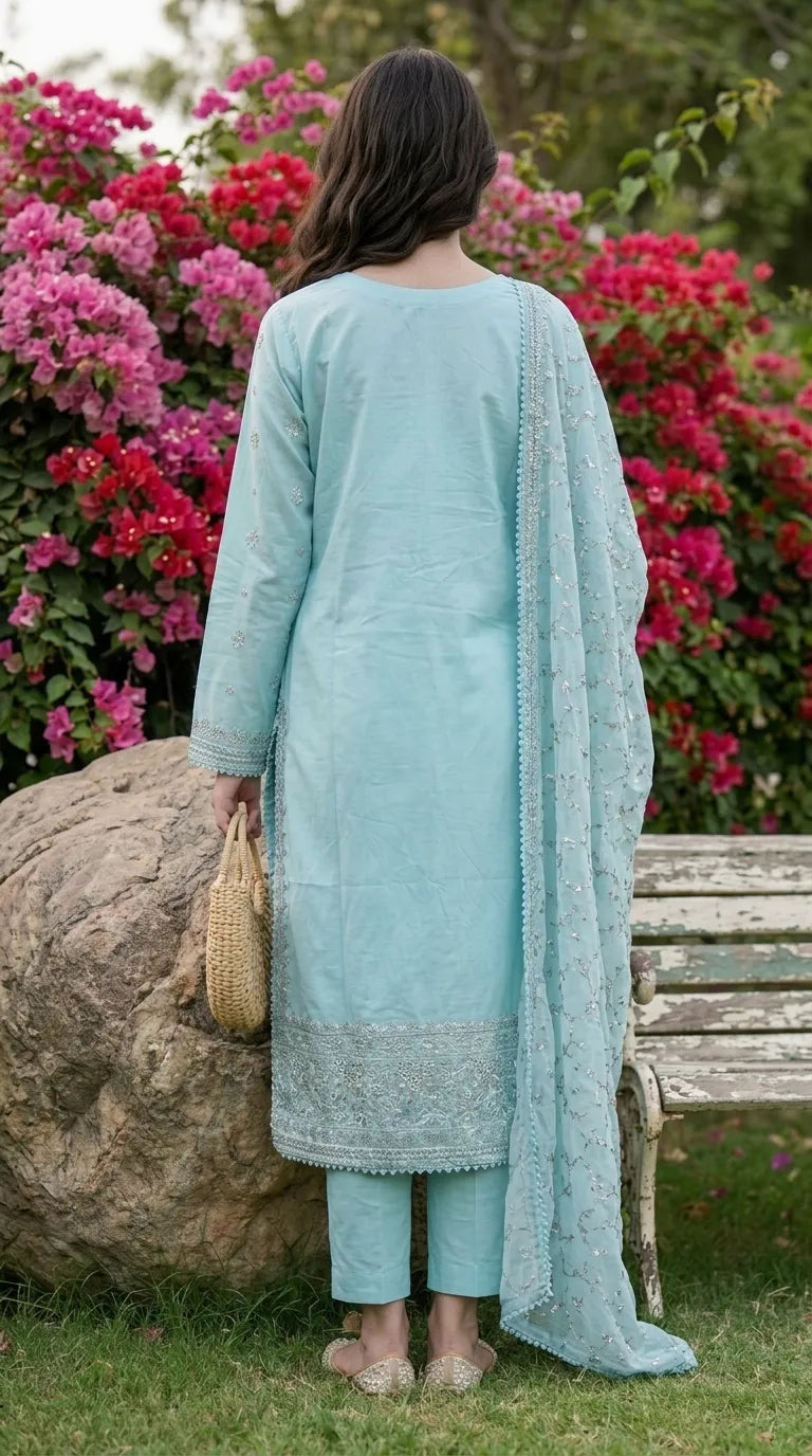 3 PC Embellished Cotton Stitched Suit PF612490