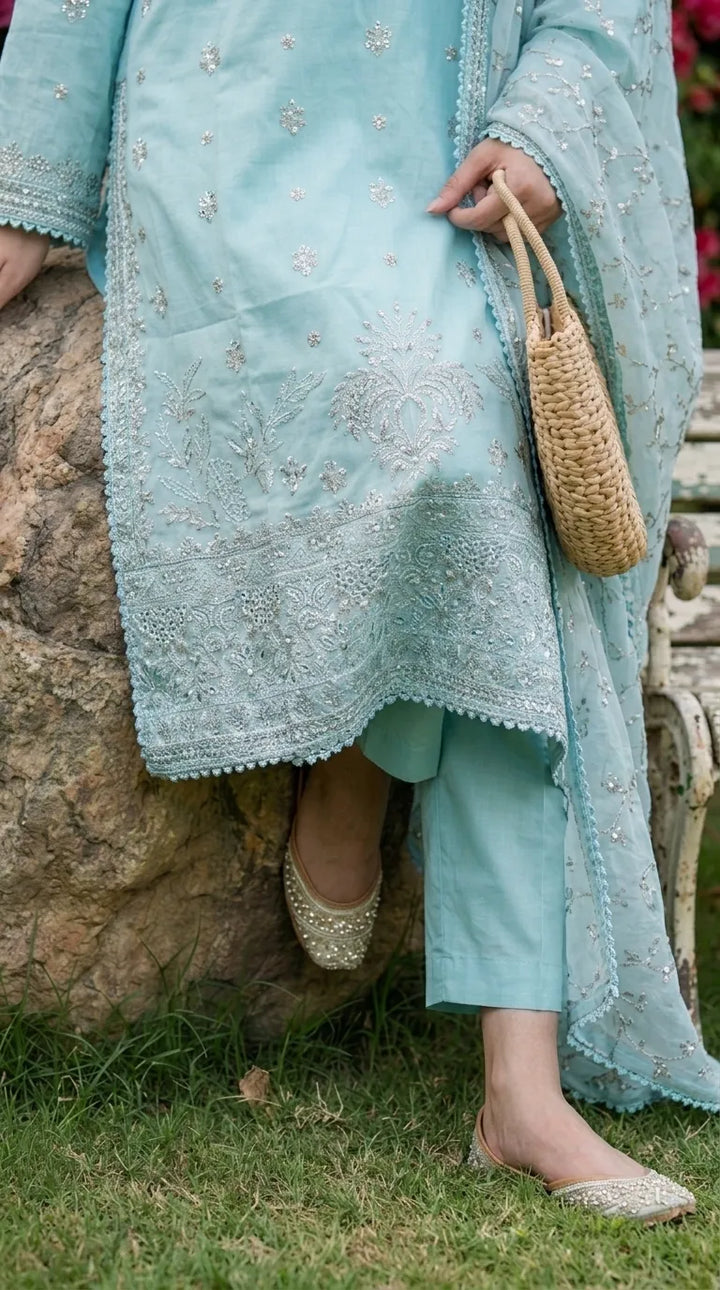 3 PC Embellished Cotton Stitched Suit PF612490