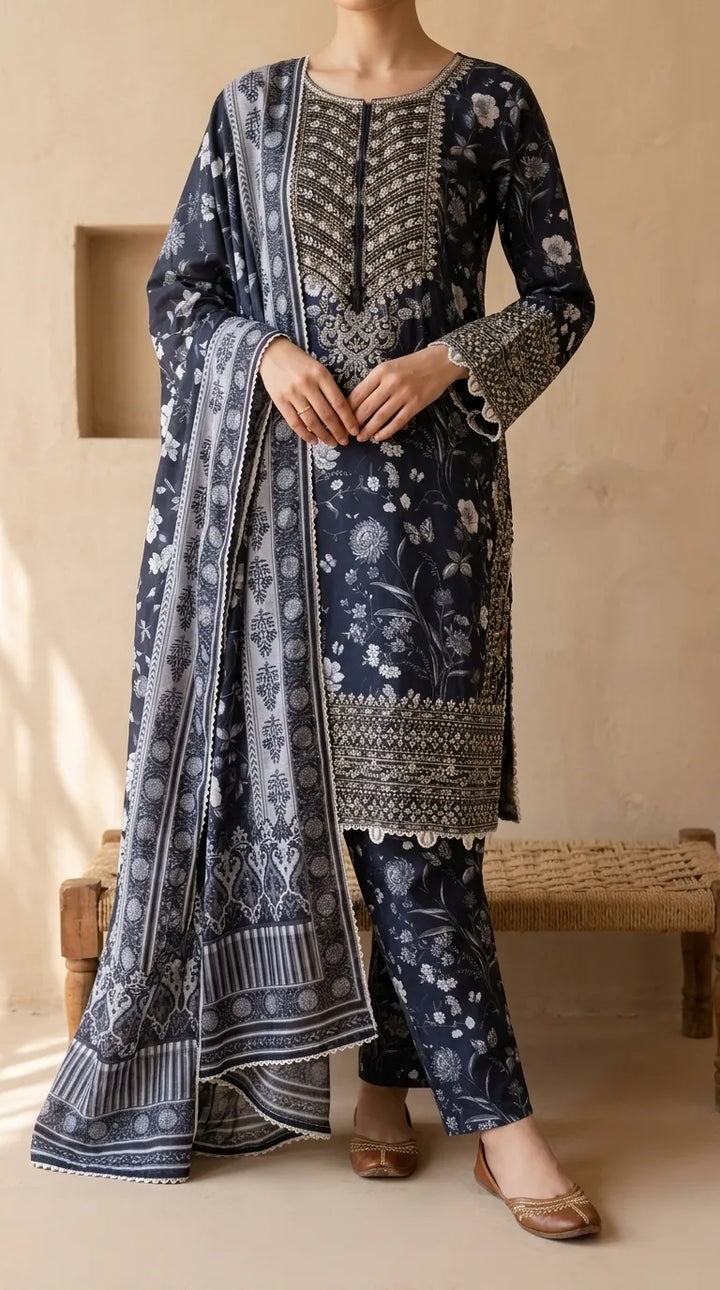 3 PC Embellished Cotton Stitched Suit PF612901