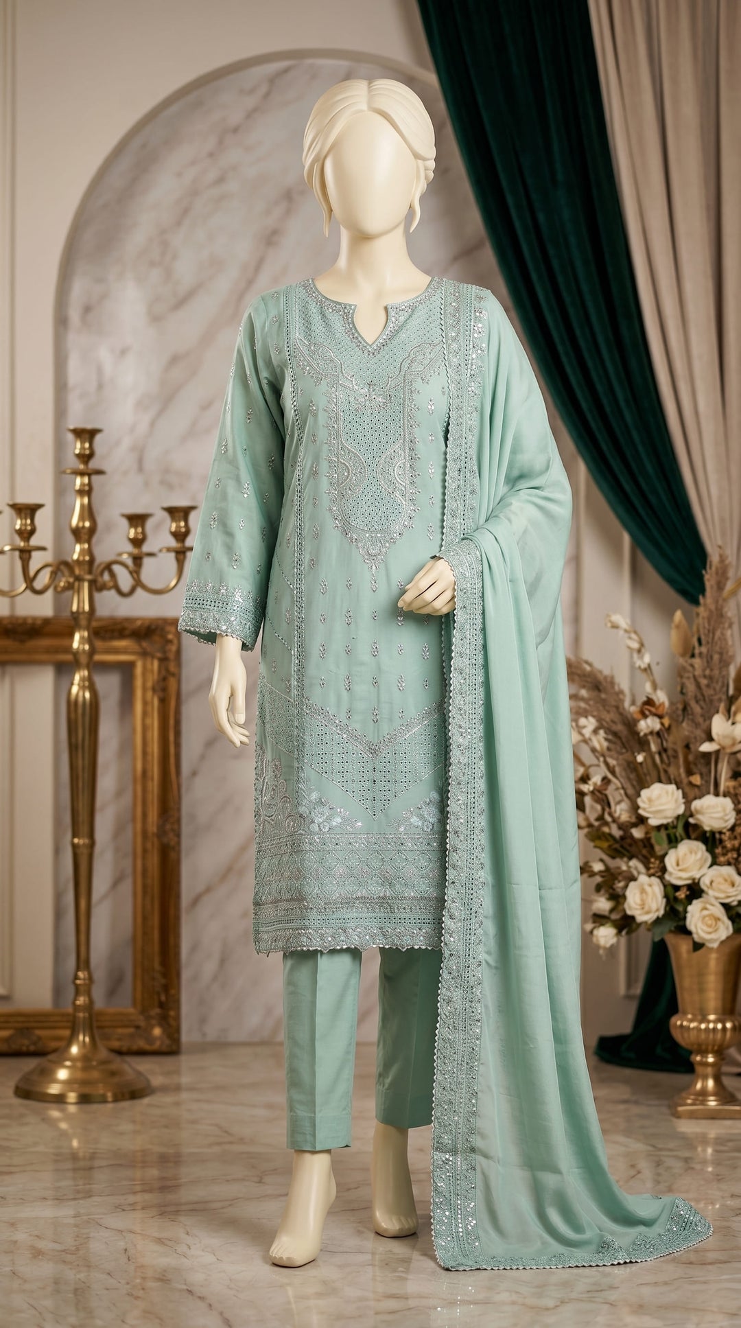 3 PC Embellished Cotton Suit PF613011