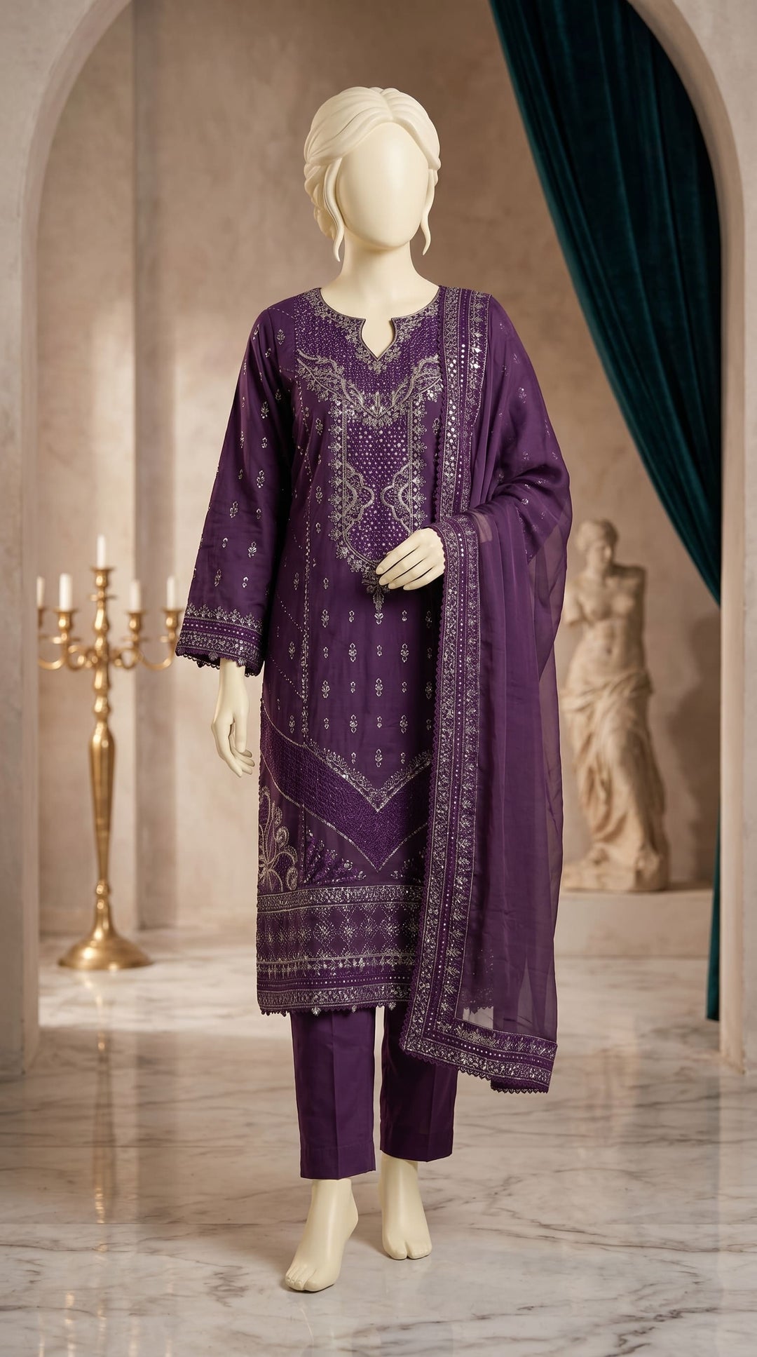 3 PC Embellished Cotton Suit PF613066