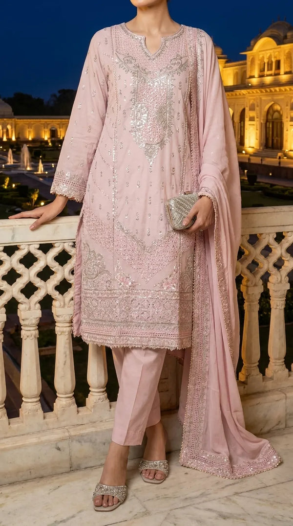 3 PC Embellished Cotton Stitched Suit PF6130B1