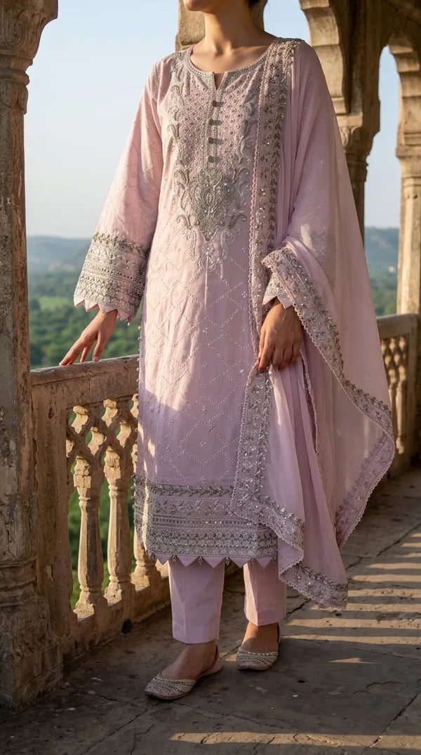 3 PC Embellished Cotton Stitched Suit PF6133B1