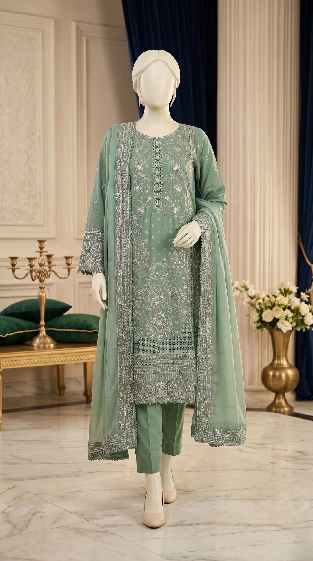 3 PC Embellished Cotton Suit PF613511