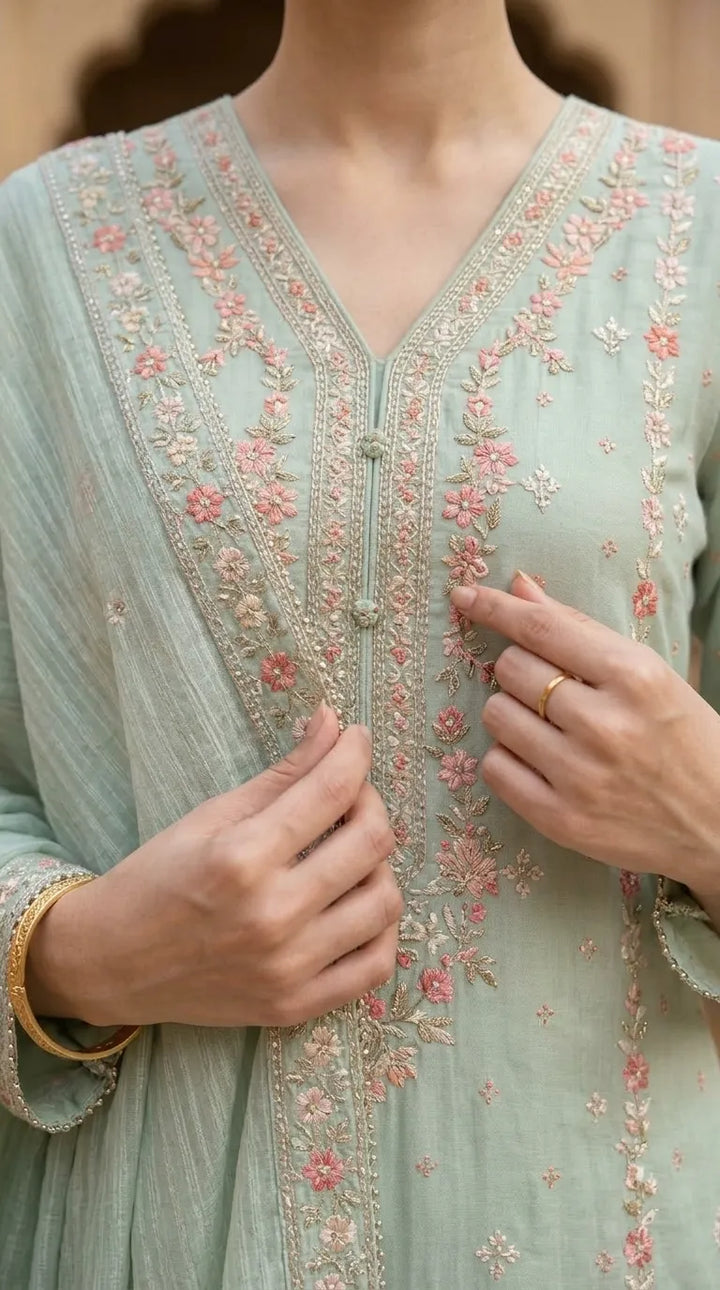3 PC Embellished Net Stitched Suit PF614611