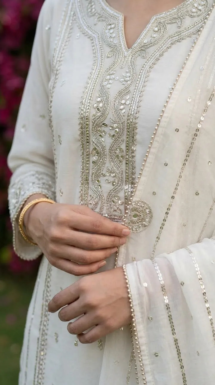 3 PC Embellished Net Stitched Suit PF614893