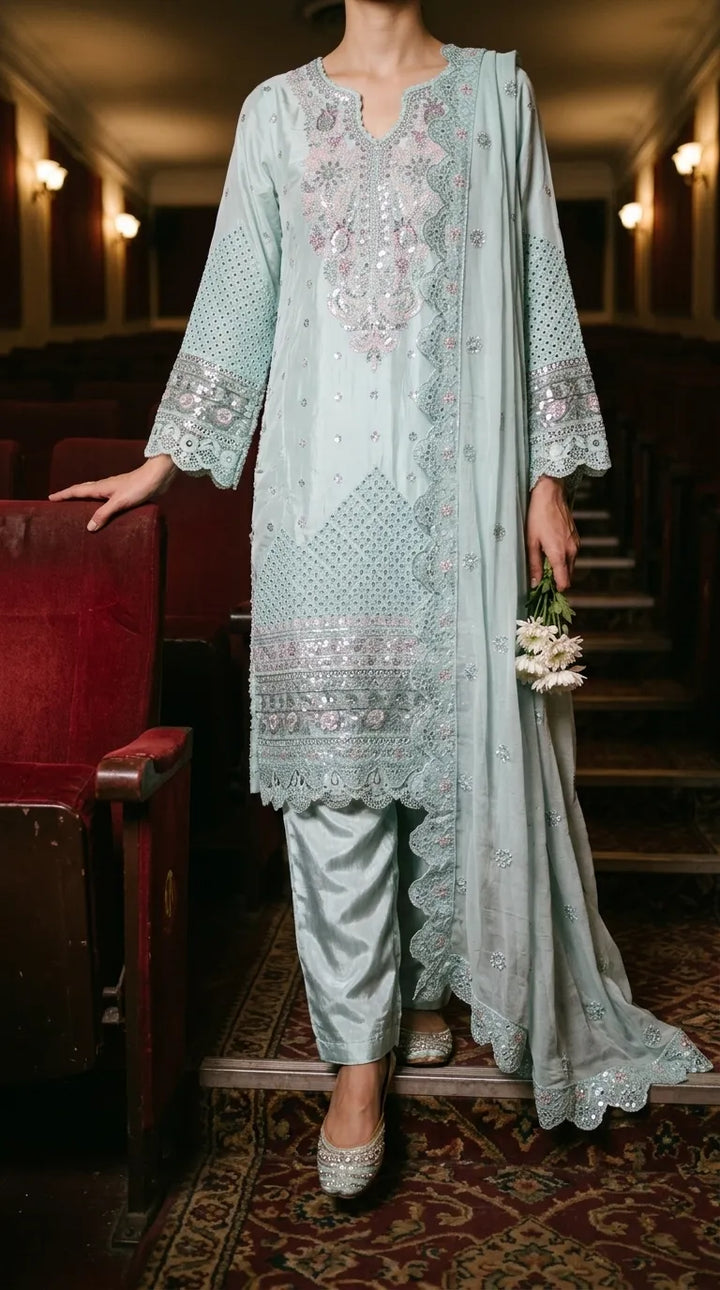 3 PC Embellished Raw Silk Stitched Suit PF617011