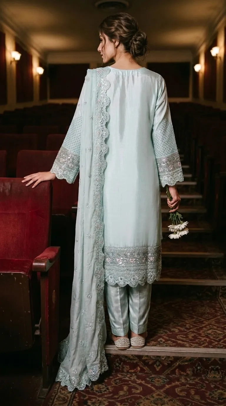 3 PC Embellished Raw Silk Stitched Suit PF617011