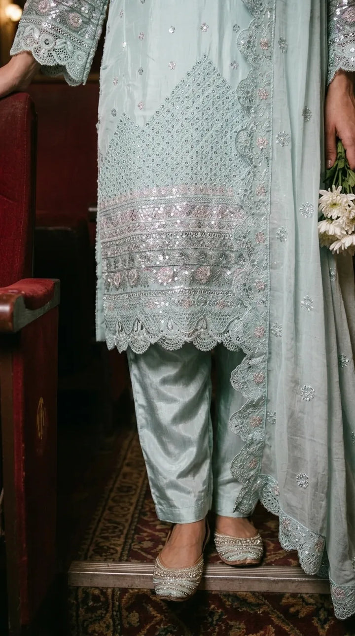 3 PC Embellished Raw Silk Stitched Suit PF617011