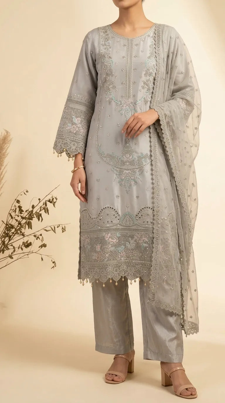 3 PC Embellished Raw Silk Suit PF617107