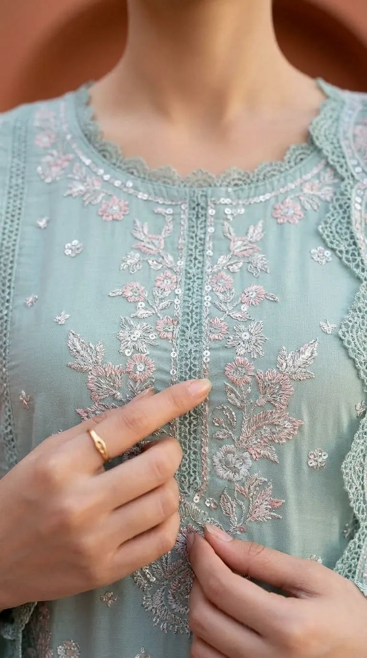 3 PC Embellished Raw Silk Stitched Suit PF617411