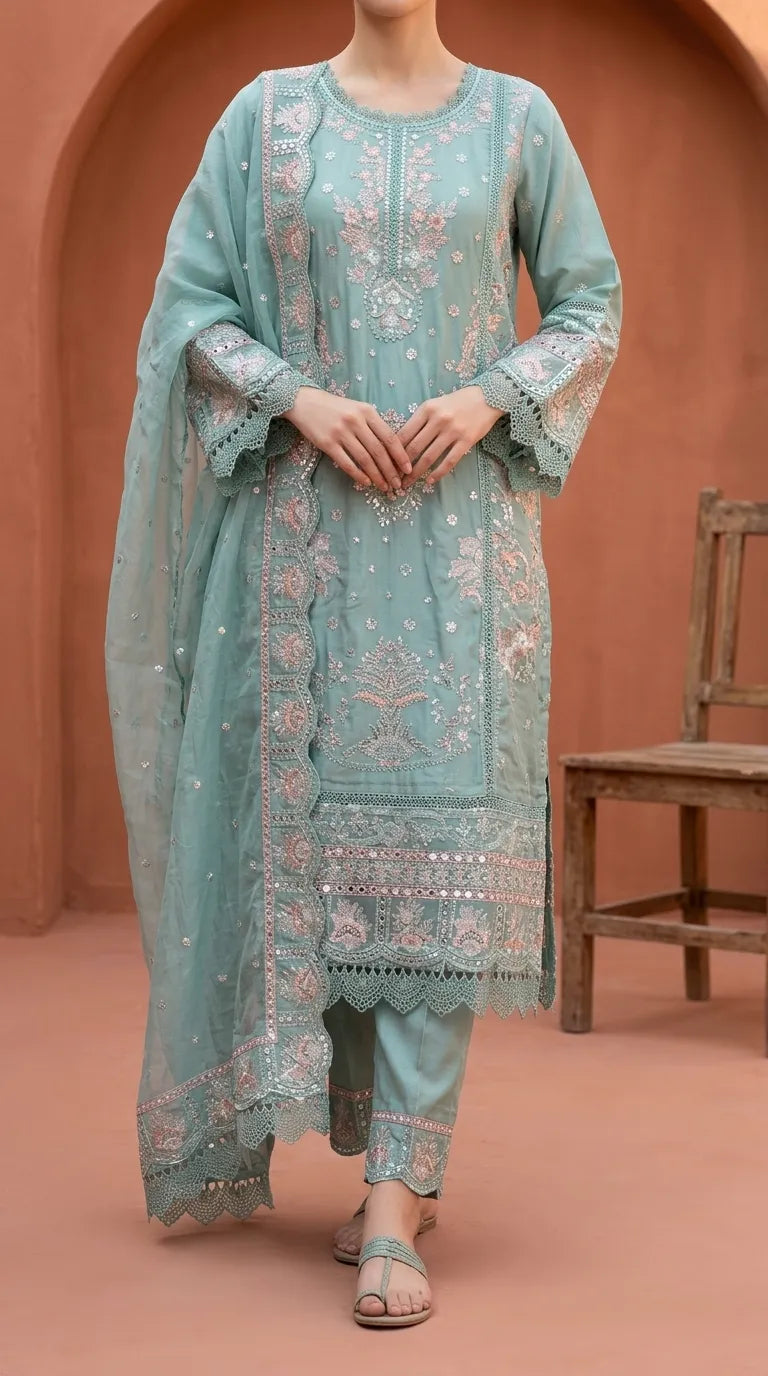 3 PC Embellished Raw Silk Stitched Suit PF617411