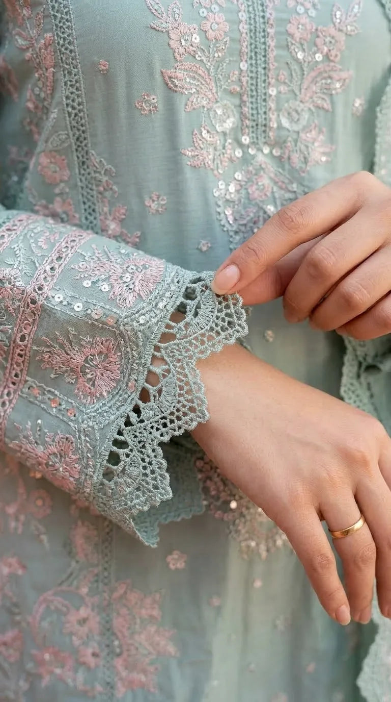 3 PC Embellished Raw Silk Stitched Suit PF617411