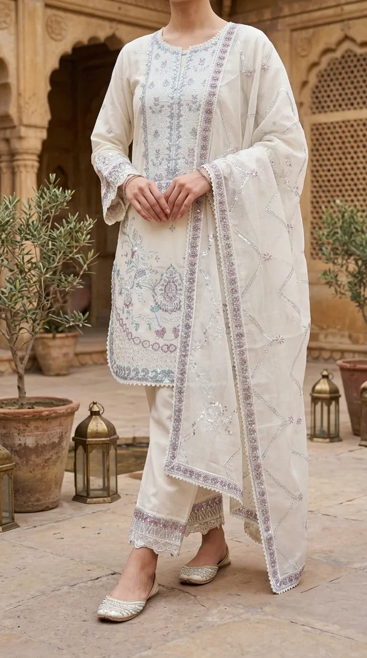 3 PC Embellished Raw Silk Stitched Suit PF617693
