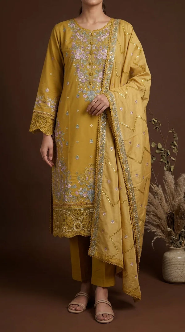 3 PC Embellished Raw Silk Suit PF617706