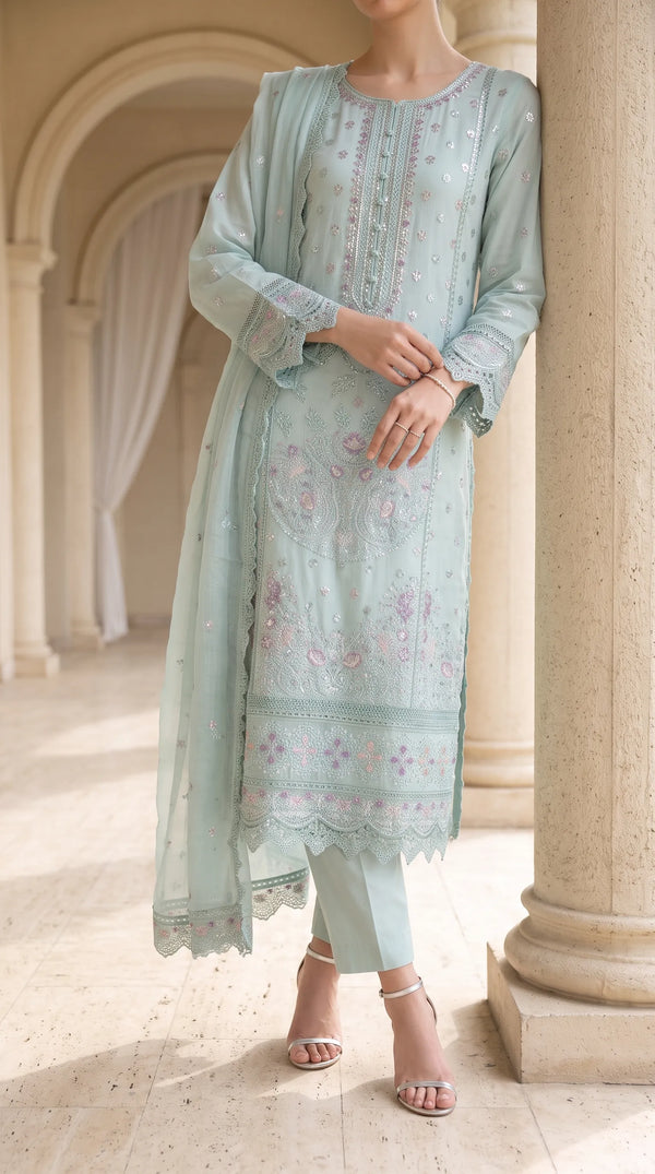 3 PC Embellished Raw Silk Stitched Suit PF618211
