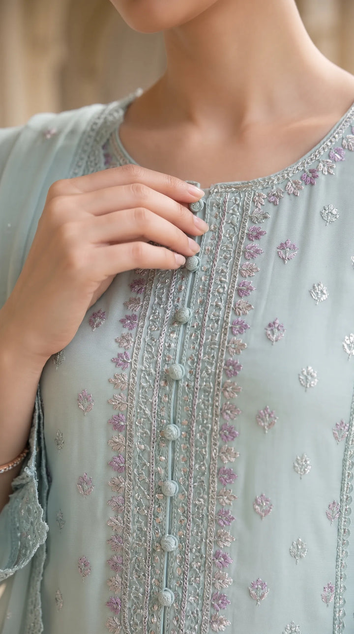 3 PC Embellished Raw Silk Stitched Suit PF618211