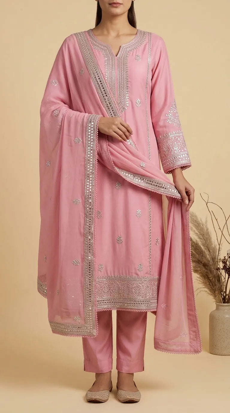 3 PC Embellished Raw Silk Suit PF618318