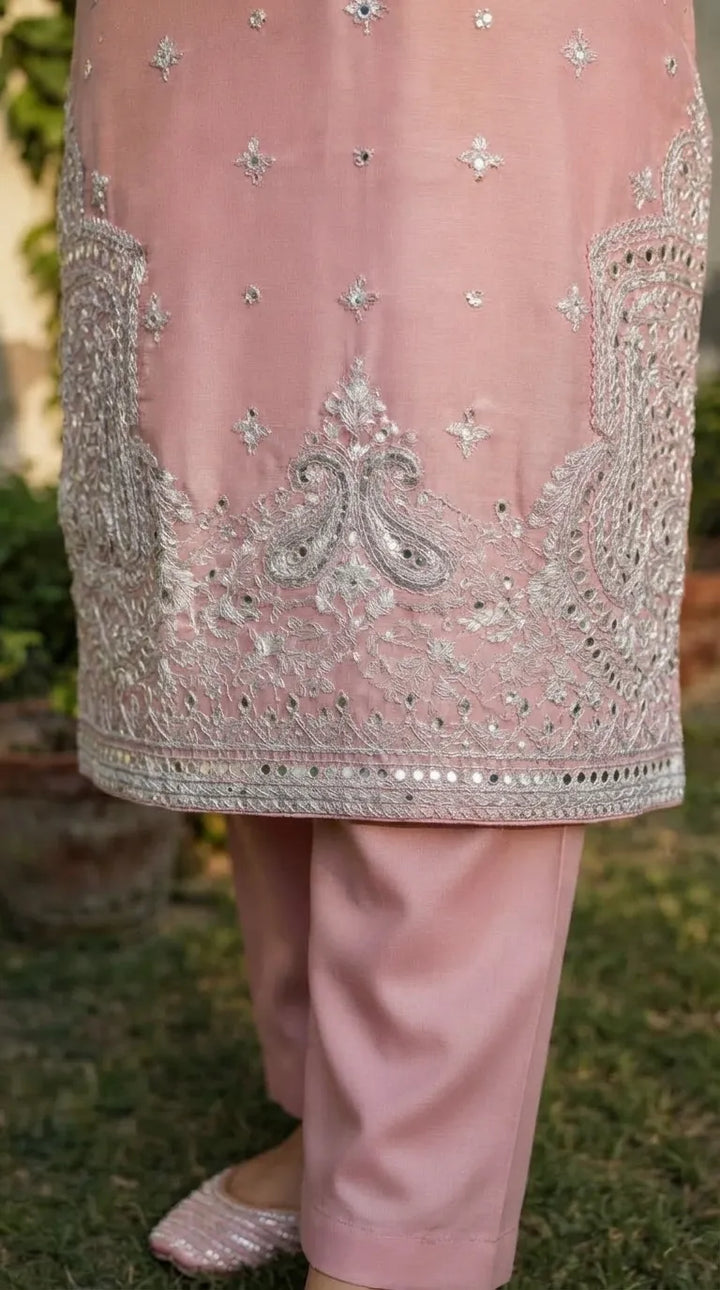 3 PC Embellished Raw Silk Stitched Suit PF618318