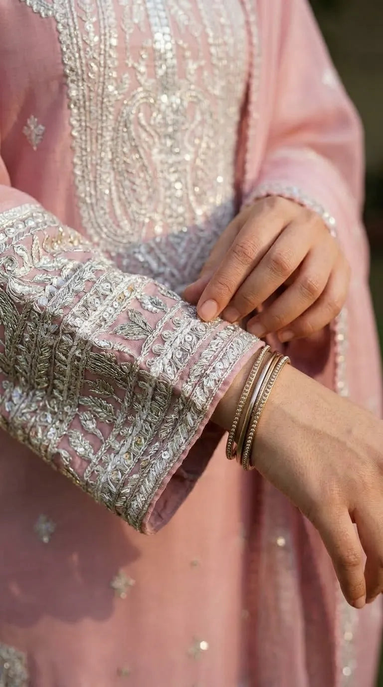 3 PC Embellished Raw Silk Stitched Suit PF618318