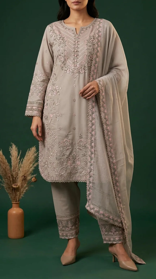 3 PC Embellished Raw Silk Suit PF618607