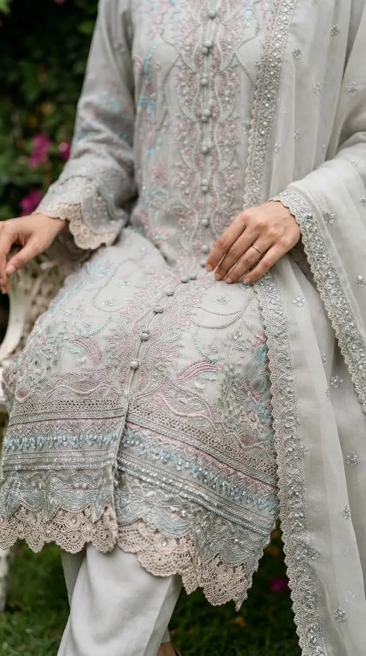3 PC Embellished Raw Silk Stitched Suit PF618807