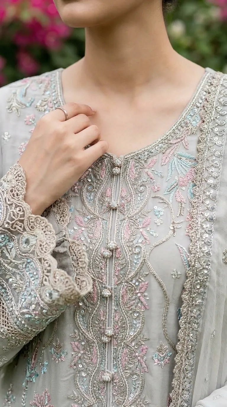 3 PC Embellished Raw Silk Stitched Suit PF618807