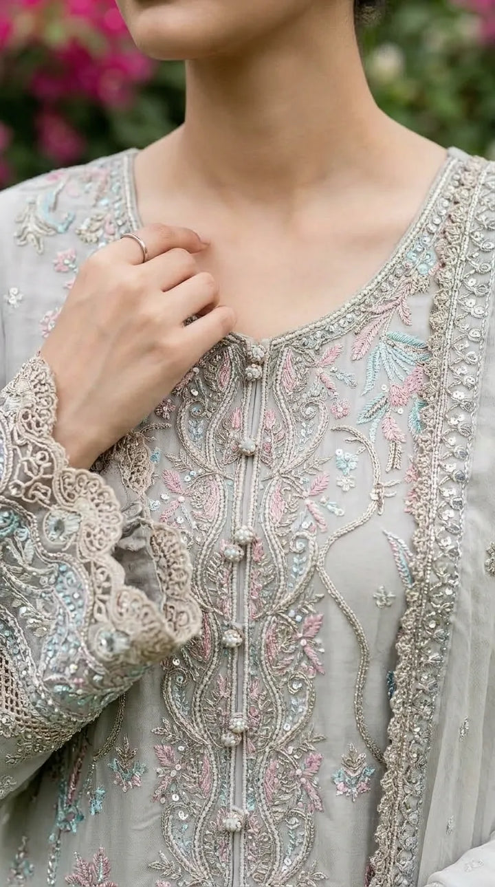 3 PC Embellished Raw Silk Stitched Suit PF618807