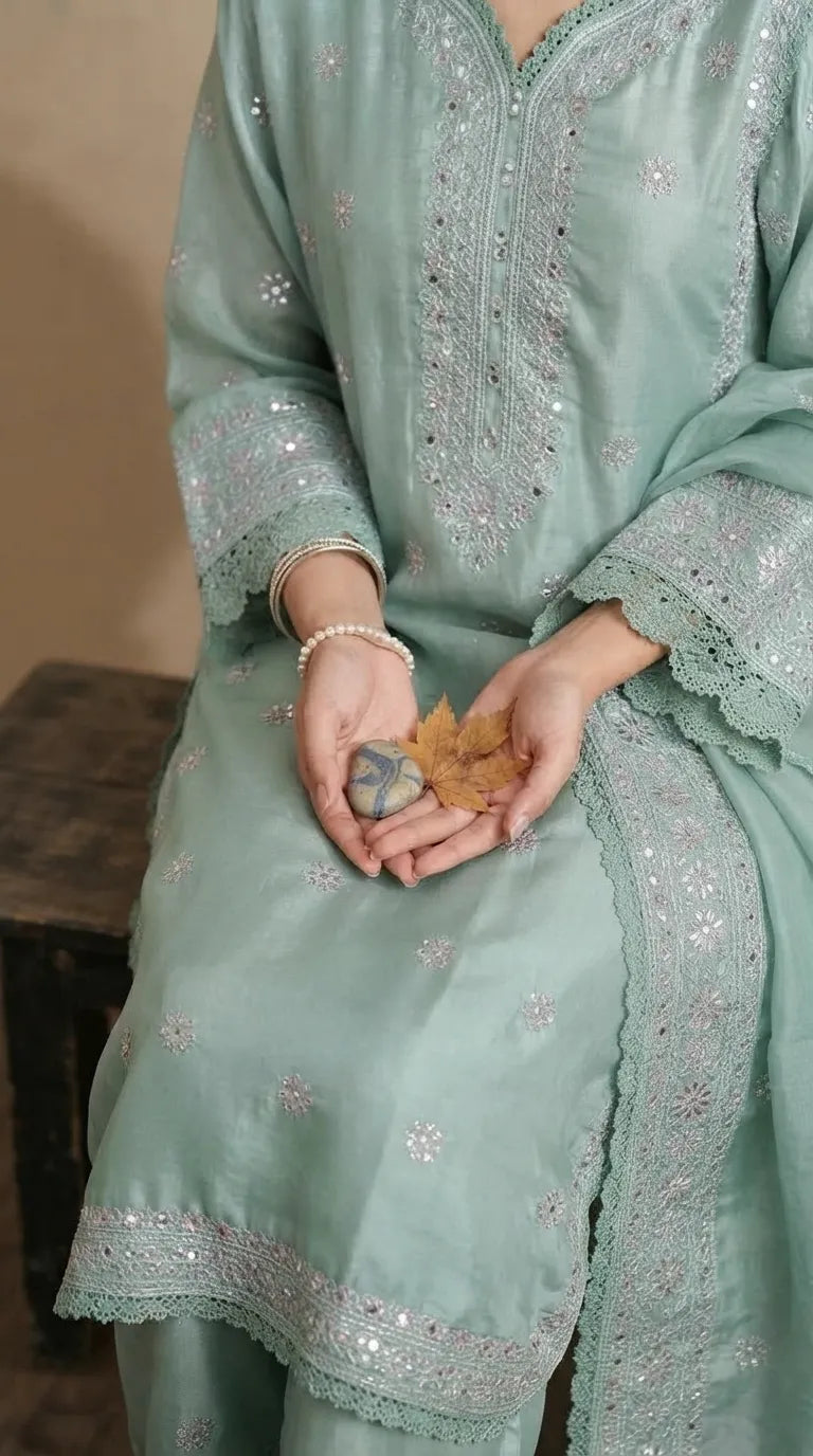 3 PC Embellished Raw Silk Stitched Suit PF618912