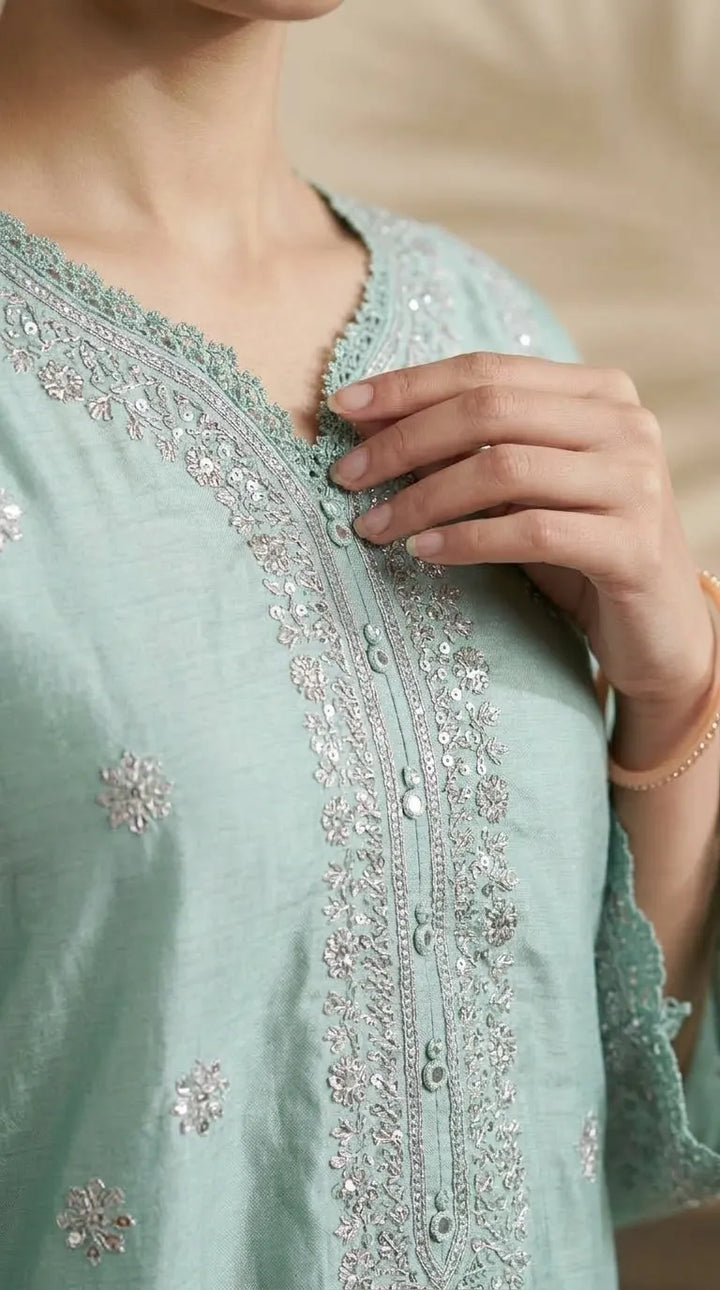 3 PC Embellished Raw Silk Stitched Suit PF618912