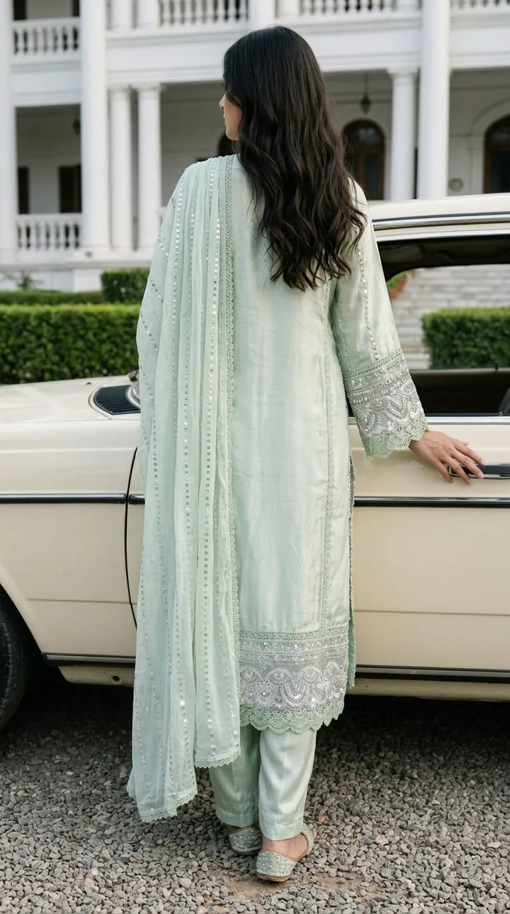 3 PC Embellished Raw Silk Stitched Suit PF619011