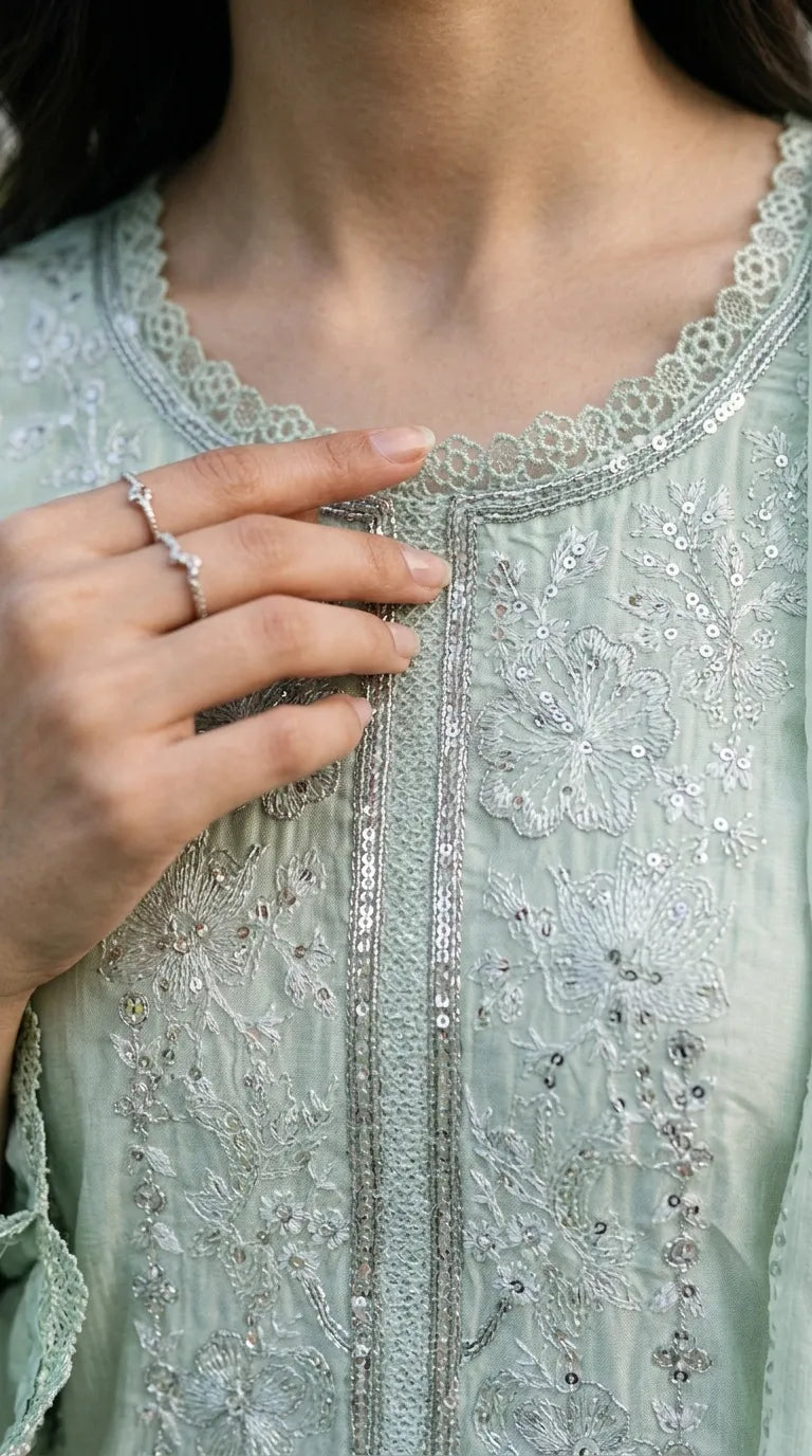 3 PC Embellished Raw Silk Stitched Suit PF619011