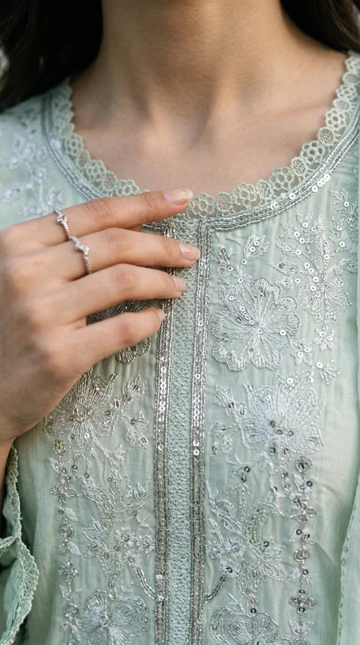 3 PC Embellished Raw Silk Stitched Suit PF619011