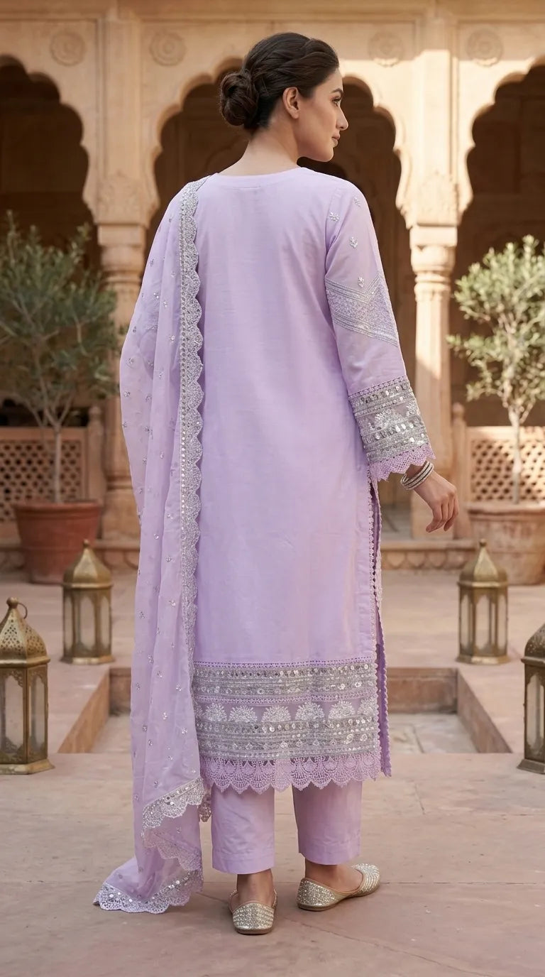 3 PC Embellished Katan Silk Stitched Suit PF619643
