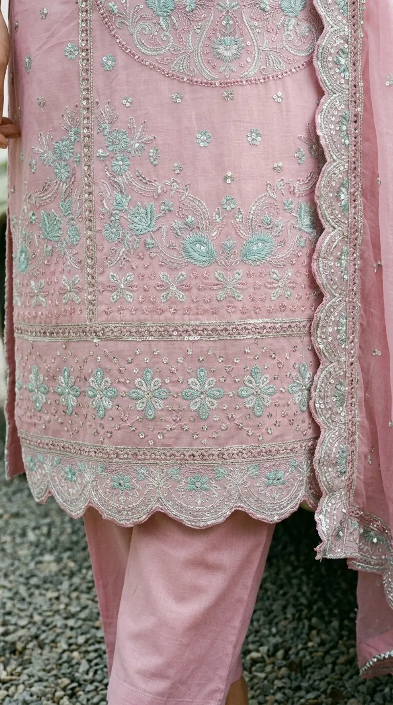 3 PC Embellished Katan Silk Stitched Suit PF619724