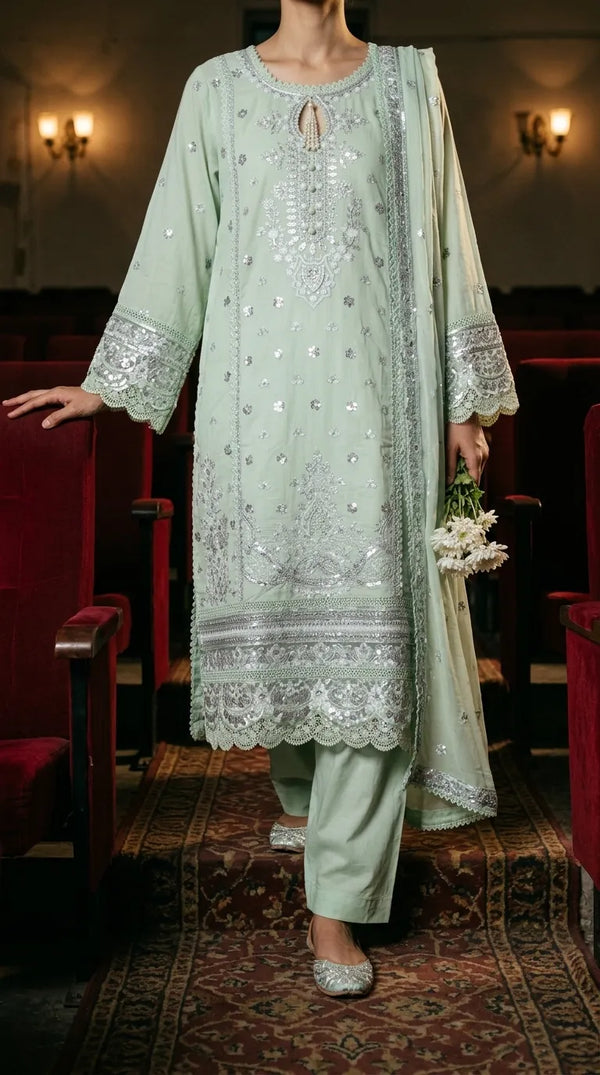 3 PC Embellished Katan Silk Stitched Suit PF619811