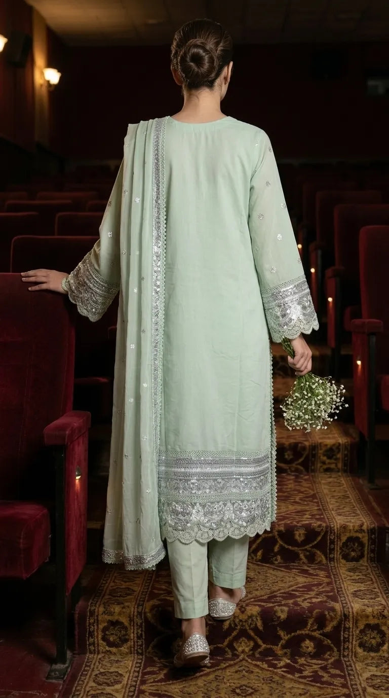 3 PC Embellished Katan Silk Stitched Suit PF619811