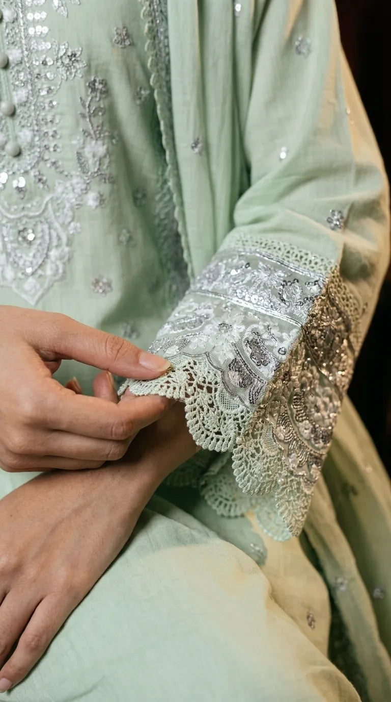 3 PC Embellished Katan Silk Stitched Suit PF619811