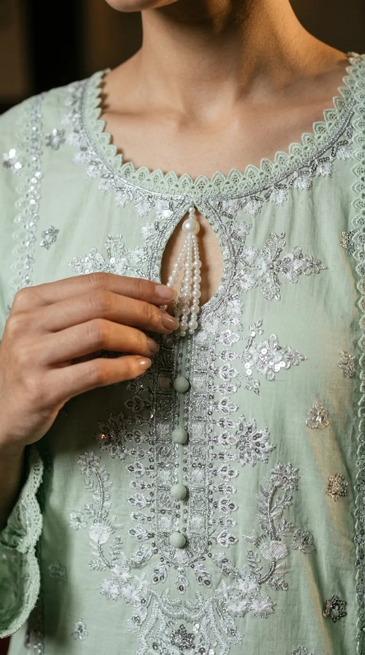3 PC Embellished Katan Silk Stitched Suit PF619811