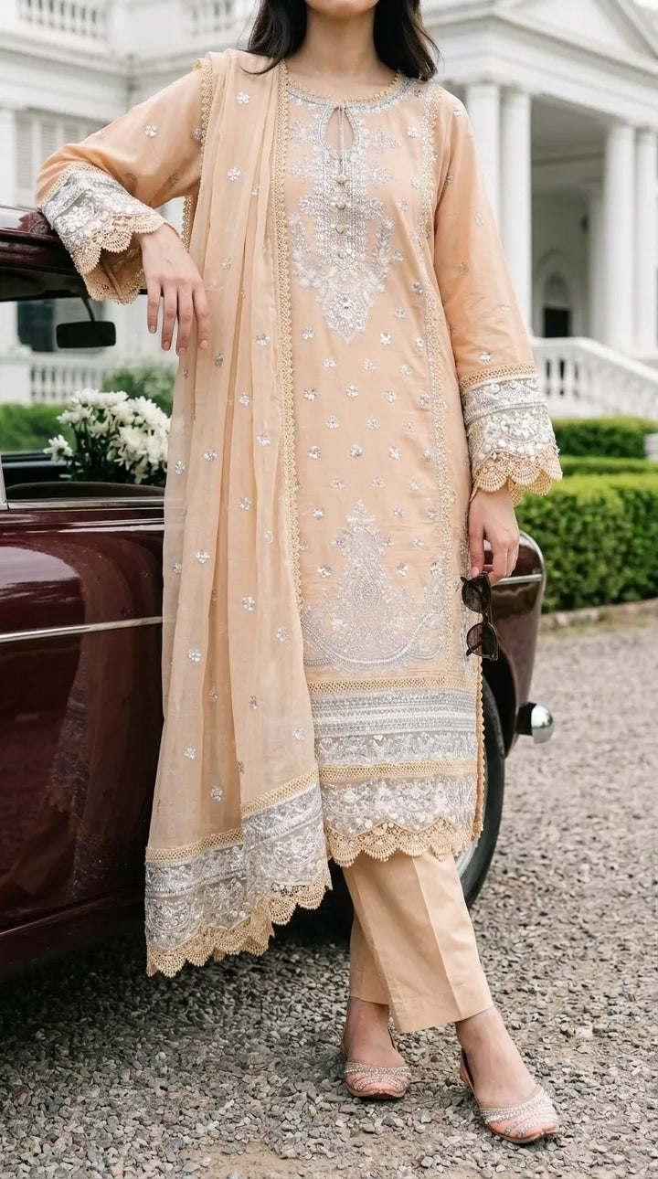 3 PC Embellished Katan Silk Stitched Suit PF619862