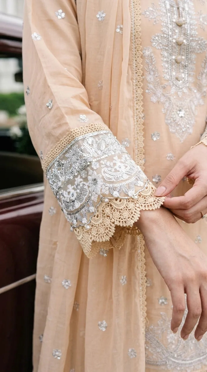 3 PC Embellished Katan Silk Stitched Suit PF619862
