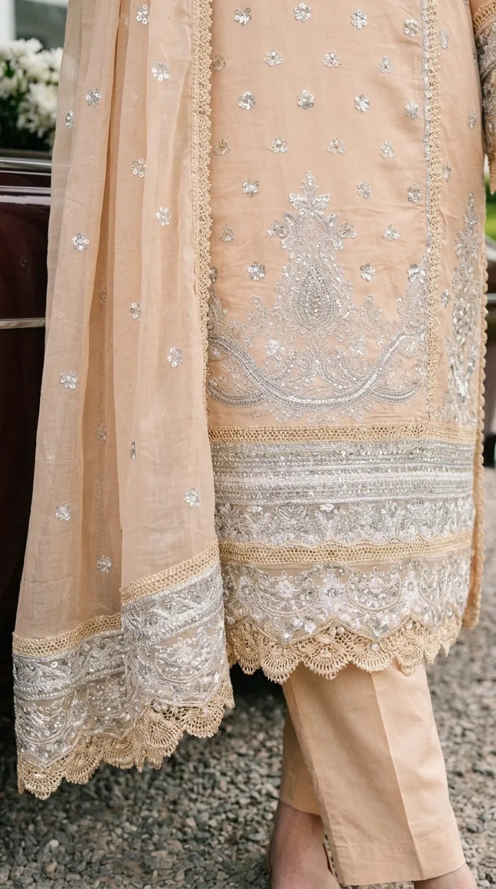 3 PC Embellished Katan Silk Stitched Suit PF619862