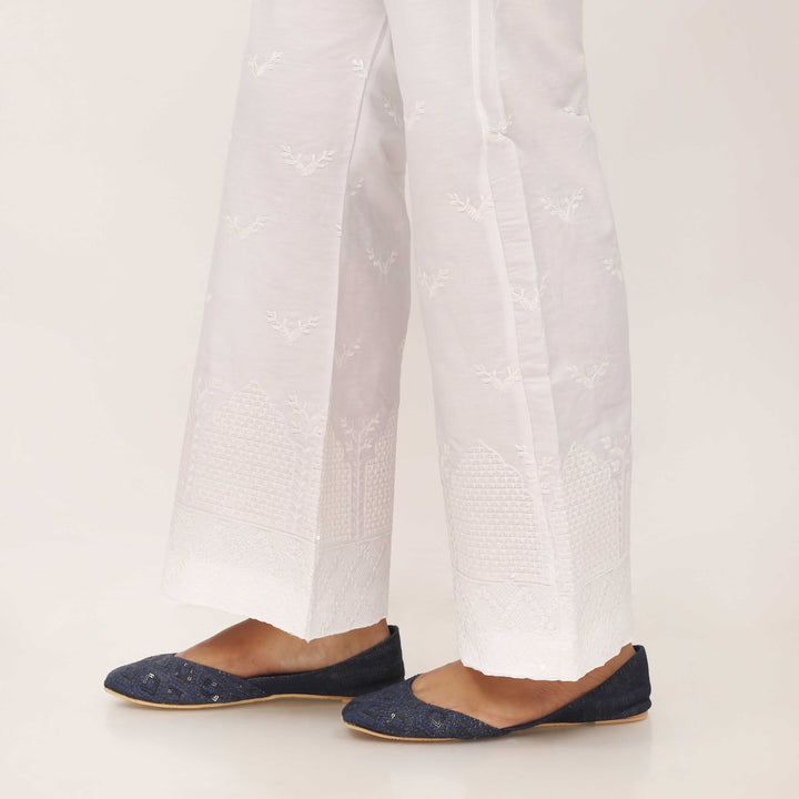 White Cotton Cambric Trouser with Embroidery PL5087