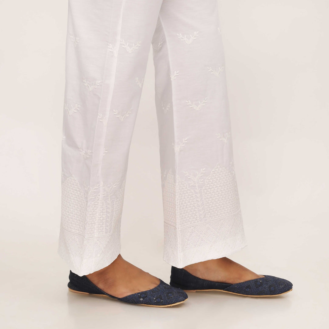 White Cotton Cambric Trouser with Embroidery PL5087