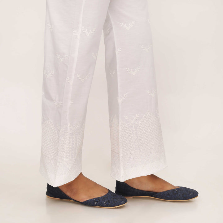 White Cotton Cambric Trouser with Embroidery PL5087